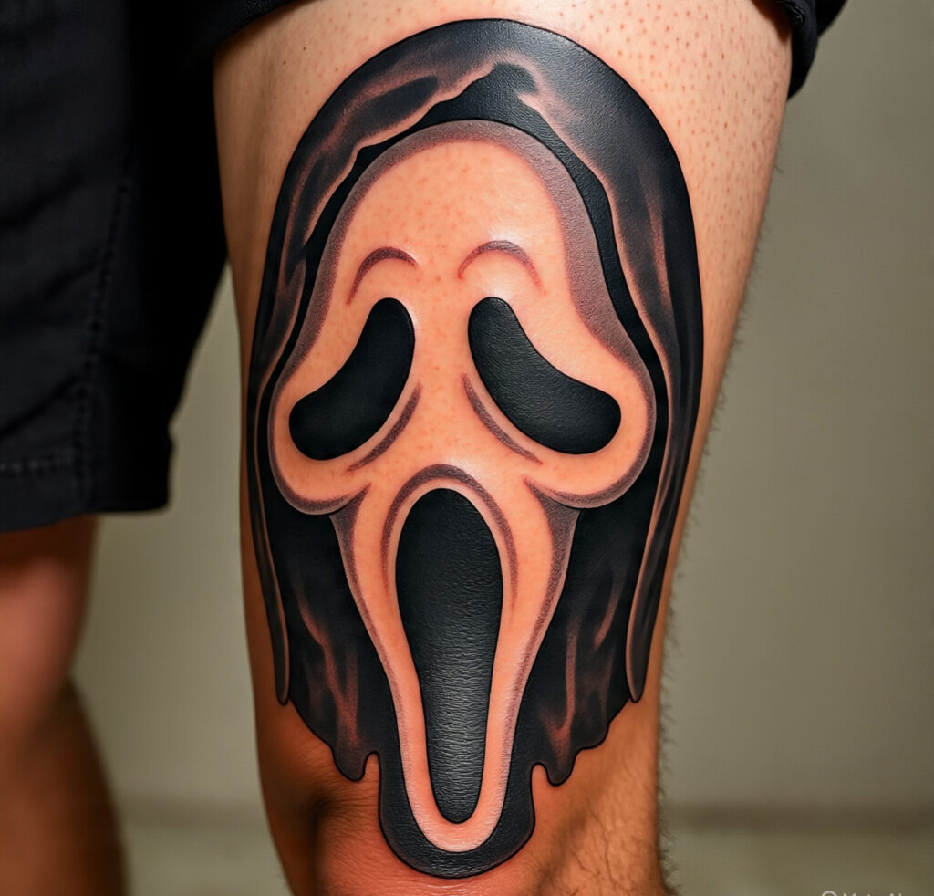 Ghostface thigh tattoo
