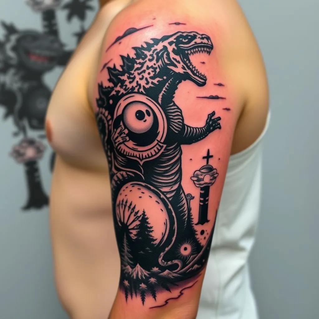 Godzilla Tattoo on Sleeve, Godzilla Tattoo