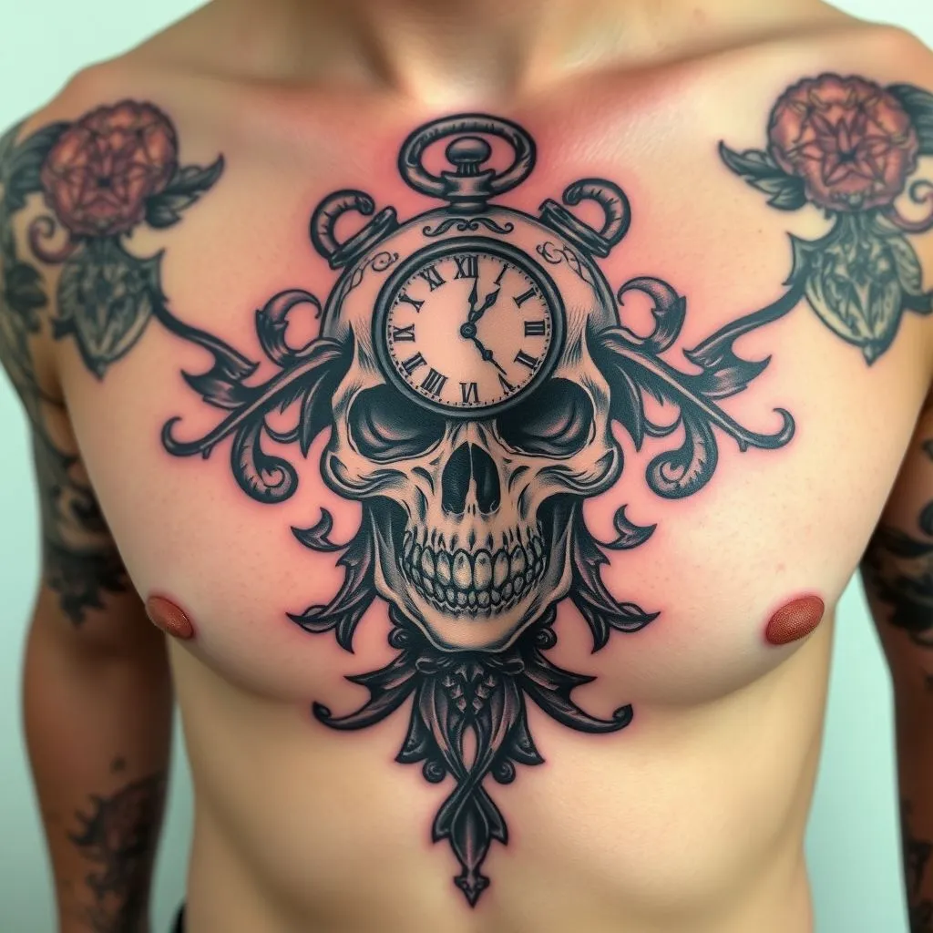 Skull with clock tattoo, Clock Tattoo