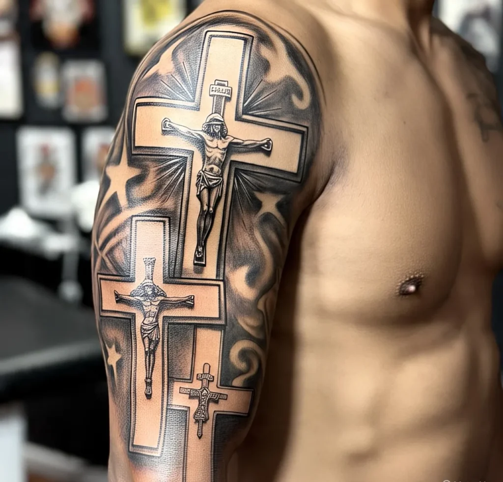 Three Cross Sleeve Tattoo